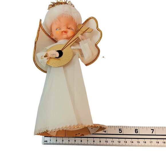 Vintage Cardboard Angel Tree Topper Playing Guitar Mandolin White Gold 9" X 4" - Picture 11 of 11